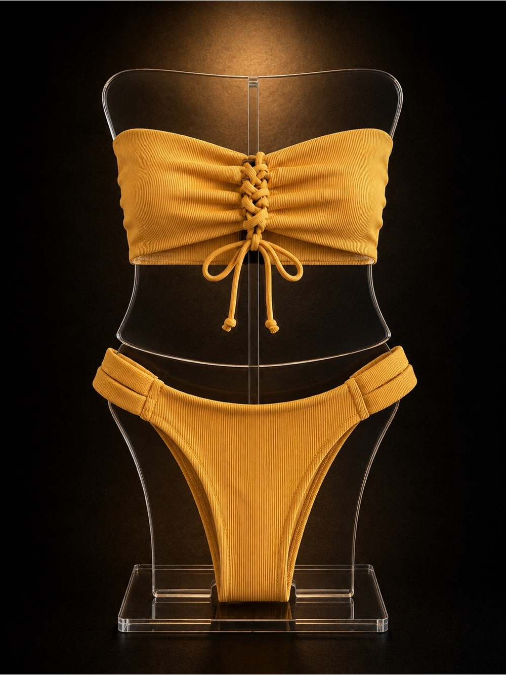 Zaful Mustard Ribbed Lace-Up Bandeau Bikini Set